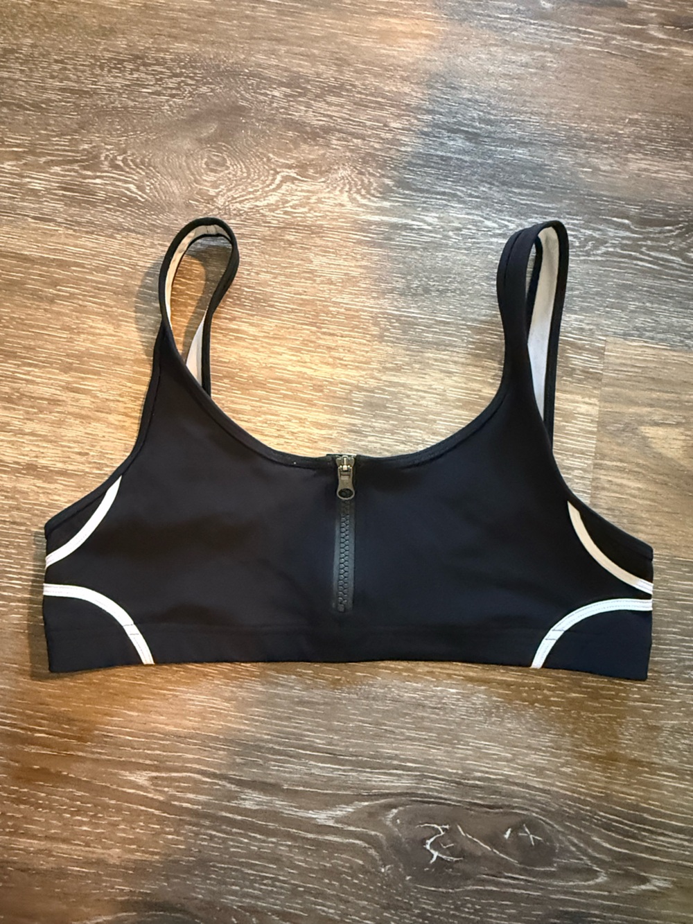 Lululemon Black Sports Bra/Swim Top with Front Zipper and White Trim
